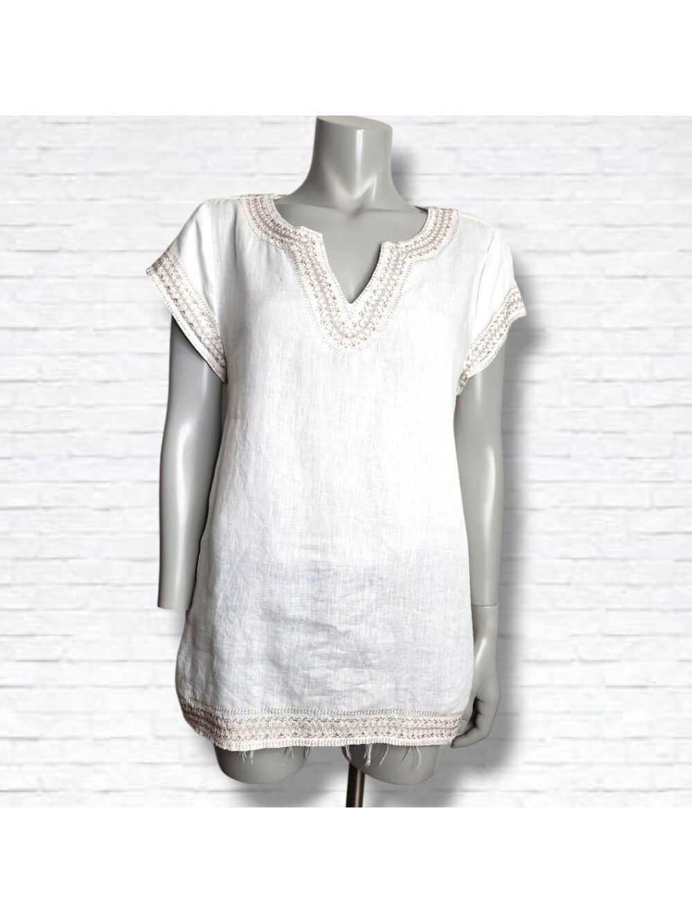Saint Tropez West Gold Embroidered White Linen Short Sleeve Tunic Size L